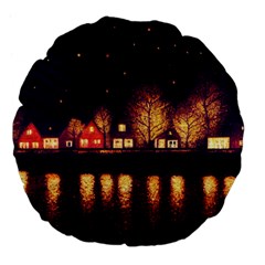 Night Houses River Bokeh Leaves Fall Autumn Large 18  Premium Flano Round Cushions by danenraven