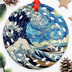 The Great Wave Of Kanagawa Painting Starry Night Vincent Van Gogh Round Filigree Ornament (two Sides) by danenraven