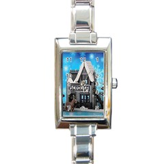 Winter Village Snow Brick Buildings Rectangle Italian Charm Watch by artworkshop