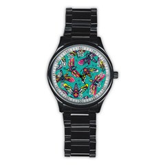 Vintage Colorful Insects Seamless Pattern Stainless Steel Round Watch by Pakemis