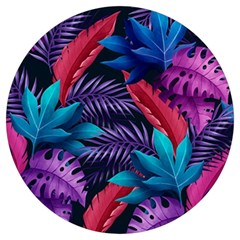 Background With Violet Blue Tropical Leaves Round Trivet