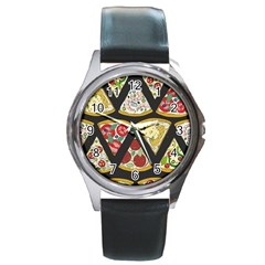 Vector-seamless-pattern-with-italian-pizza-top-view Round Metal Watch by Pakemis