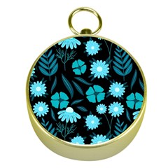 Flower Nature Blue Black Art Pattern Floral Gold Compasses