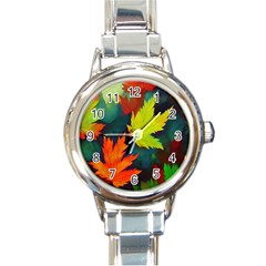 Leaves Foliage Autumn Nature Forest Fall Round Italian Charm Watch by Uceng