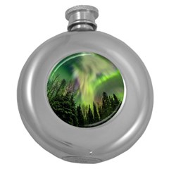 Aurora Borealis In Sky Over Forest Round Hip Flask (5 Oz) by danenraven