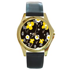 Daisy Flowers White Yellow Brown Black Round Gold Metal Watch