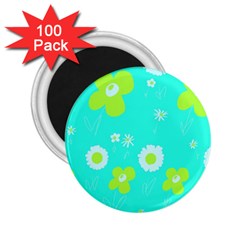 Daisy Flowers Lime Green White Turquoise  2 25  Magnets (100 Pack)  by Mazipoodles