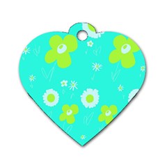 Daisy Flowers Lime Green White Turquoise  Dog Tag Heart (one Side) by Mazipoodles