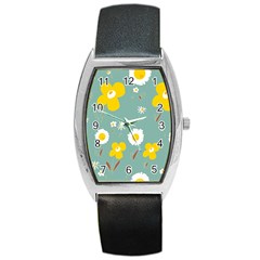 Daisy Flowers Yellow White Brown Sage Green  Barrel Style Metal Watch by Mazipoodles