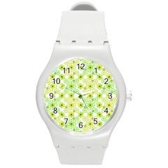 Bitesize Flowers Pearls And Donuts Yellow Green Check White Round Plastic Sport Watch (m) by Mazipoodles