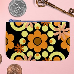 Flowers Pearls And Donuts Peach Yellow Orange Black Large Coin Purse by Mazipoodles