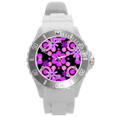 Flowers Pearl And Donuts Lilac Blush Pink Magenta Black  Round Plastic Sport Watch (l) by Mazipoodles