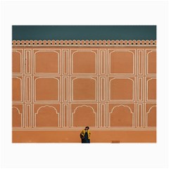 Person Stands By Tall Orange Wall And Looks- Up Small Glasses Cloth by artworkshop