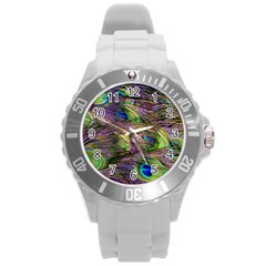 Green Purple And Blue Peacock Feather Round Plastic Sport Watch (l)