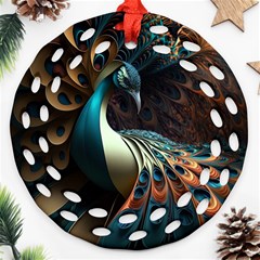 Peacock Bird Feathers Colorful Texture Abstract Round Filigree Ornament (two Sides) by Pakemis