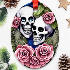 Skulls And Flowers Oval Ornament (two Sides)