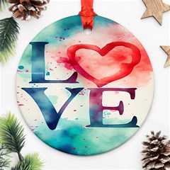 Valentines Day Heart Watercolor Background Round Ornament (two Sides)