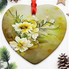 Watercolor Yellow And-white Flower Background Heart Ornament (two Sides) by artworkshop