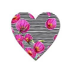 Pink Flowers Black Stripes Heart Magnet by GardenOfOphir