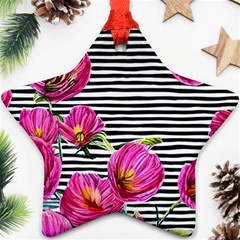 Pink Flowers Black Stripes Star Ornament (two Sides)