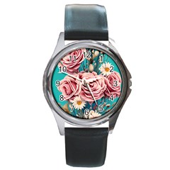 Coral Blush Rose On Teal Round Metal Watch by GardenOfOphir