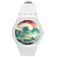 Storm Tsunami Waves Ocean Sea Nautical Nature Painting Round Plastic Sport Watch (m) by Ravend