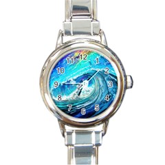 Tsunami Waves Ocean Sea Nautical Nature Water Painting Round Italian Charm Watch by Ravend