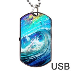 Tsunami Waves Ocean Sea Nautical Nature Water Painting Dog Tag Usb Flash (one Side) by Ravend