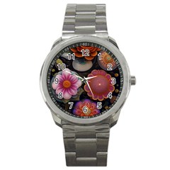 Ai Generated Floral Pattern Flowers Floral Sport Metal Watch by Ravend