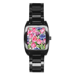 Charming Foliage – Watercolor Flowers Botanical Stainless Steel Barrel Watch by GardenOfOphir