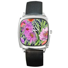 Cheerful Watercolors – Flowers Botanical Square Metal Watch by GardenOfOphir