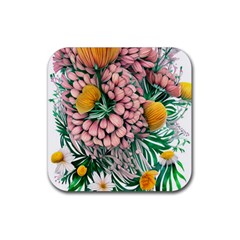 Coral Watercolor Flowers Botanical Foliage Rubber Coaster (square) by GardenOfOphir