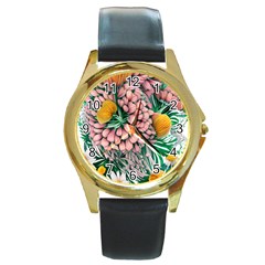 Coral Watercolor Flowers Botanical Foliage Round Gold Metal Watch by GardenOfOphir