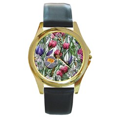 Watercolor Tropical Flowers Round Gold Metal Watch