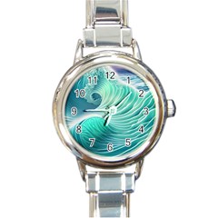 Pink Sky Blue Ocean Waves Round Italian Charm Watch by GardenOfOphir