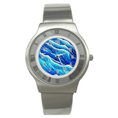 Blue Ocean Wave Watercolor Stainless Steel Watch by GardenOfOphir