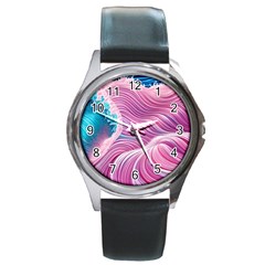 Pink Water Waves Round Metal Watch by GardenOfOphir