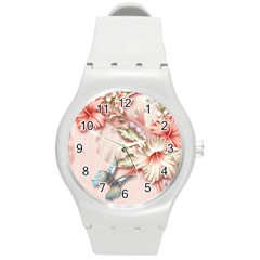 Glory Floral Exotic Butterfly Exquisite Fancy Pink Flowers Round Plastic Sport Watch (m)