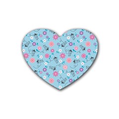 Pink And Blue Floral Wallpaper Rubber Coaster (heart)