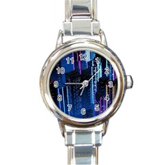 Night Music The City Neon Background Synth Retrowave Round Italian Charm Watch by Jancukart