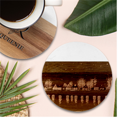 Night Houses River Bokeh Leaves Marble Wood Coaster (round) by Ravend