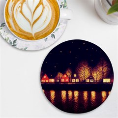 Night Houses River Bokeh Leaves Landscape Nature Uv Print Round Tile Coaster by Ravend