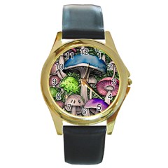 Necromancy Of The Mushroom Round Gold Metal Watch by GardenOfOphir