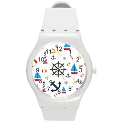 Marine Nautical Seamless Lifebuoy Anchor Pattern Round Plastic Sport Watch (m)