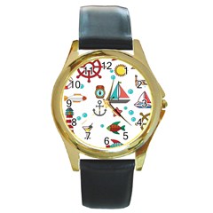 Marine Nautical Seamless Pattern Art Round Gold Metal Watch