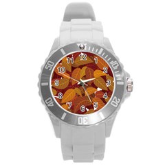 Watercolor Leaves Leaf Orange Round Plastic Sport Watch (l)