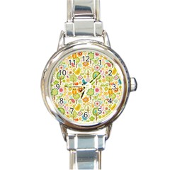 Nature Doodle Art Trees Birds Owl Children Pattern Multi Colored Round Italian Charm Watch