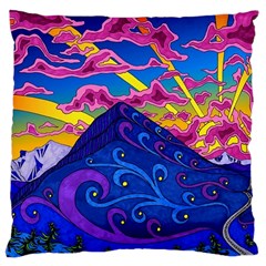 Psychedelic Colorful Lines Nature Mountain Trees Snowy Peak Moon Sun Rays Hill Road Artwork Stars Sk Large Cushion Case (one Side) by Jancukart