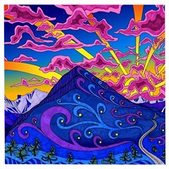 Psychedelic Colorful Lines Nature Mountain Trees Snowy Peak Moon Sun Rays Hill Road Artwork Stars Sk Wooden Puzzle Square by Jancukart