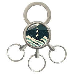 Lighthouse Abstract Ocean Sea Waves Water Blue 3-ring Key Chain by Pakemis